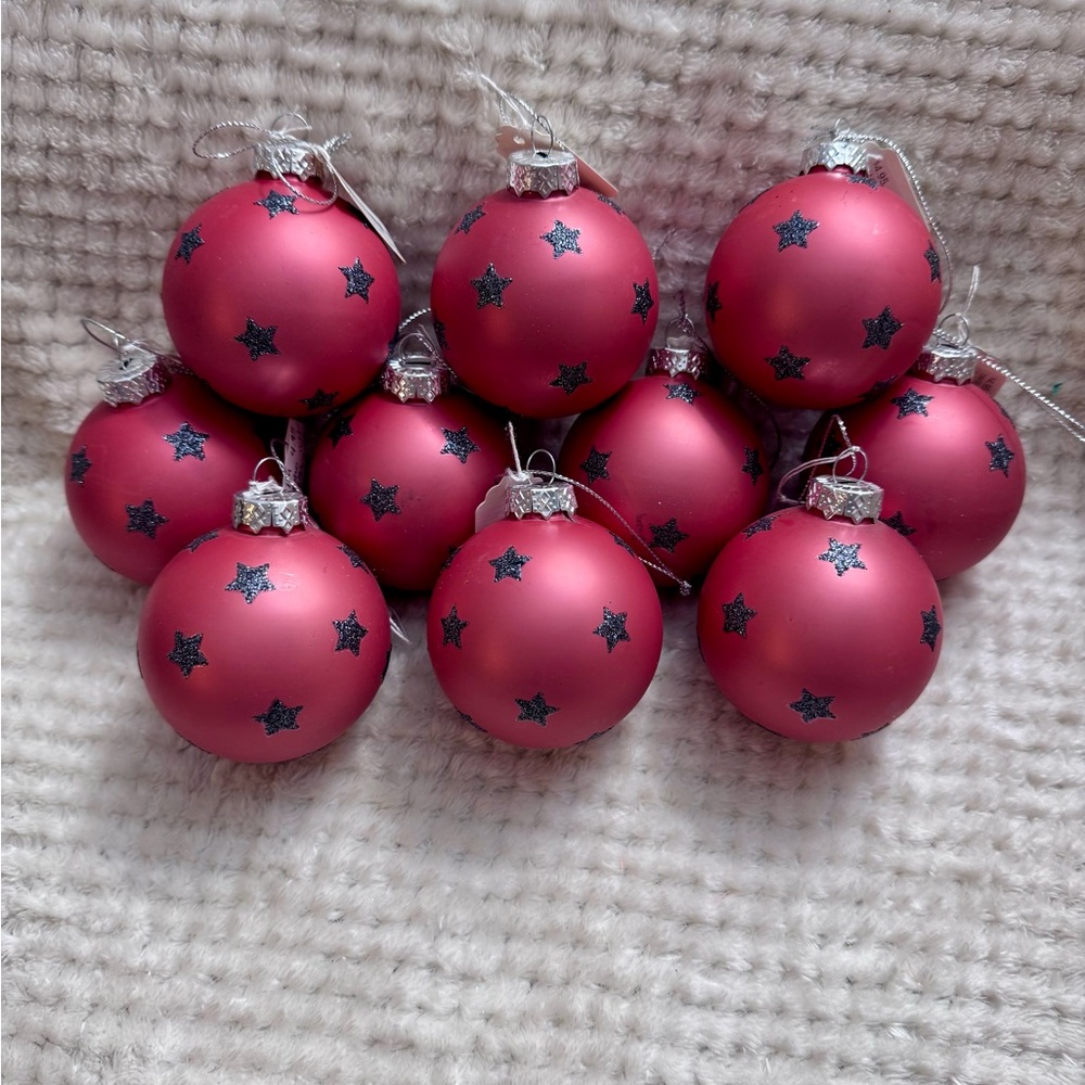 Set 10 Designer Pink Glass and Glitter Holiday Ornaments with Gray Stars